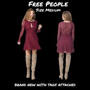 Free People Fit Flare Long Sleeve Lace Cutout Peasant Dress Medium NEW WITH TAG